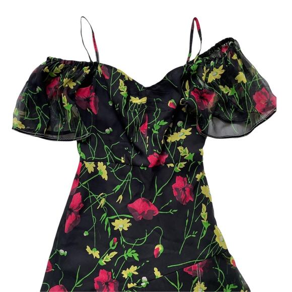 Jason Wu Grey Silk Chiffon Off Shoulder Dress Floral Black Multi Midi 2 GUC - Picture 11 of 14